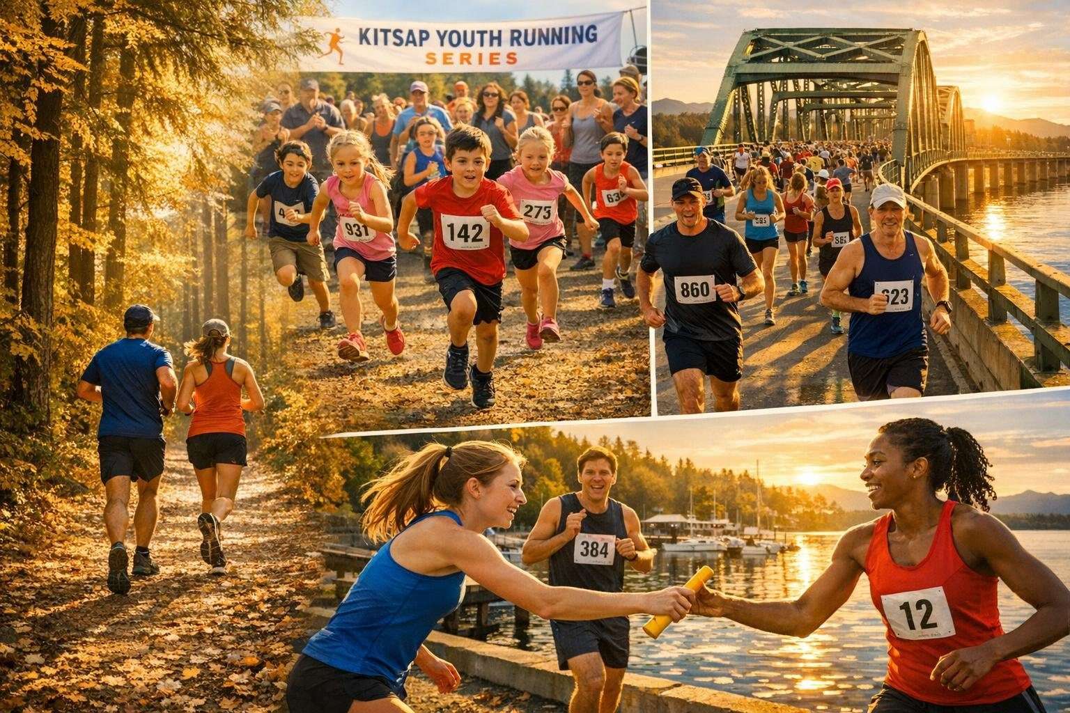 Runners on trail, children racing, and a relay team at Kitsap-area events.